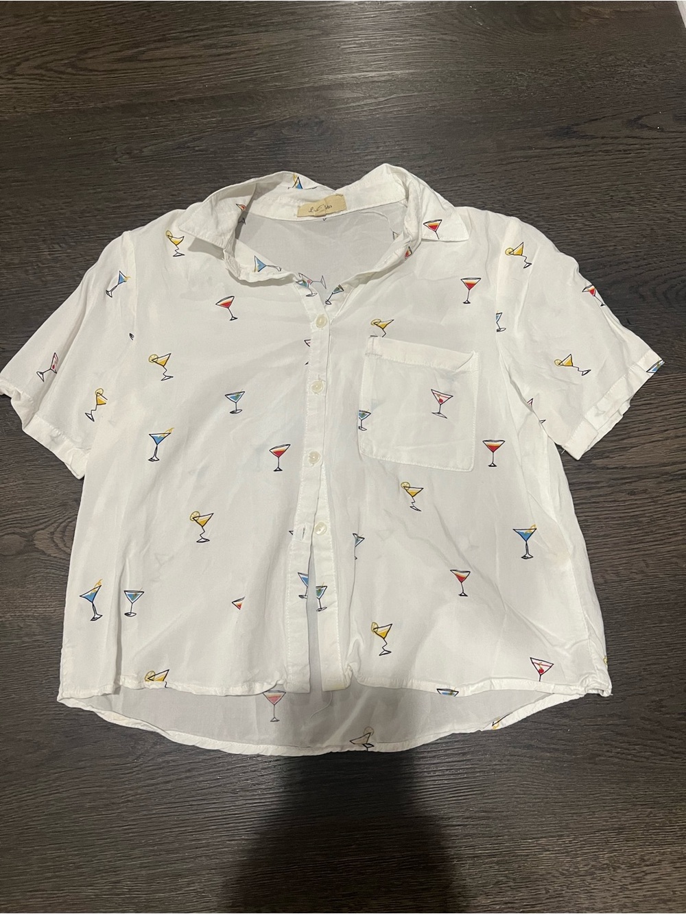 Women's White Crop Button-Up Top with Cocktail Print